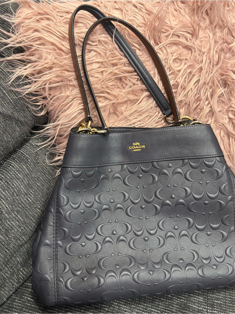 Coach Embossed Signature Shoulder Bag in Dark Gray with Gold Hardware 985600